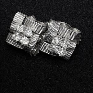 Vintage Silver Tone Clip-On Earrings w/ Rhinestones Thimble Texture Bow Design